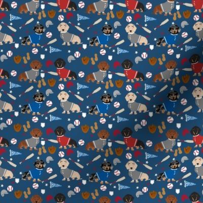 SMALL - doxie baseball fabric - dachshund baseball design, dog fabric, dog pattern, cute dachshund design -  navy