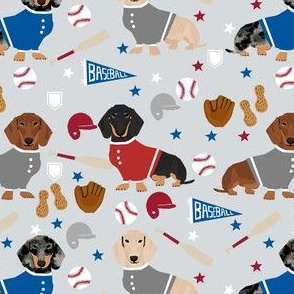 doxie baseball fabric - dachshund baseball design, dog fabric, dog pattern, cute dachshund design - grey