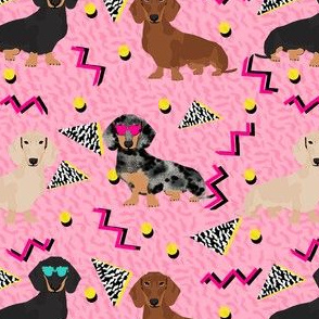 doxie rad fabric - 80s retro fabric, dachshund rad fabric - pink