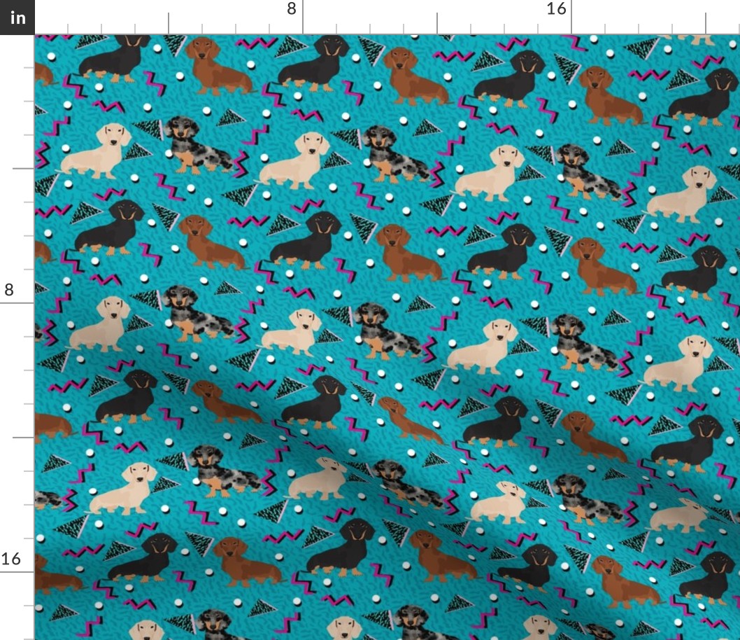 doxie rad fabric - 80s retro fabric, dachshund rad fabric - teal