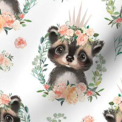 peach coral floral raccoon with flowers 6"