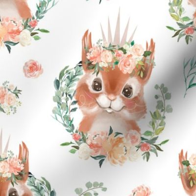 peach coral watercolor floral squirrel with flowers 6"