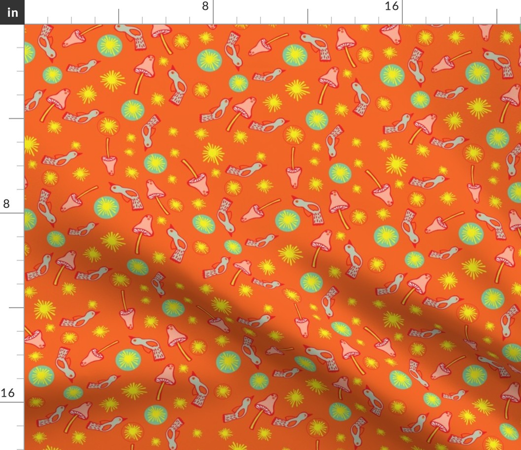 Mushrooms Birds Floral Large Size Coordinate Orange Blue Pink Yellow Quilt Fun Colorful