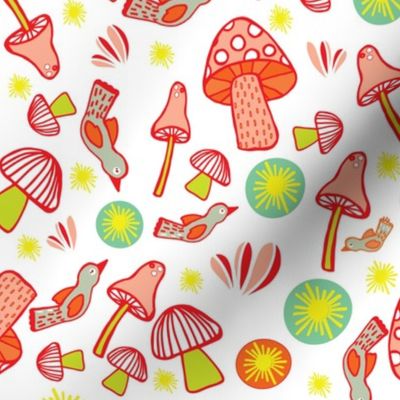 Colorful Mushrooms Dots Birds Teal Orange Red Yellow