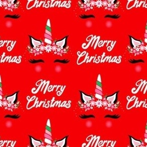 Christmas unicorn fabric - cute holiday design, unicorn flower design, red, pink and green Christmas design - red