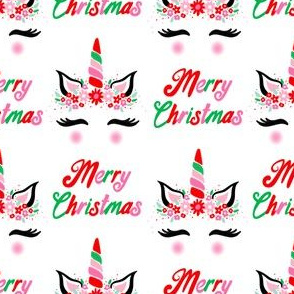Christmas unicorn fabric - cute holiday design, unicorn flower design, red, pink and green Christmas design - white