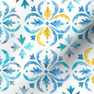Watercolor Moroccan Tile – Blue + Mustard, Large