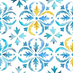 Watercolor Moroccan Tile – Blue + Mustard, Large