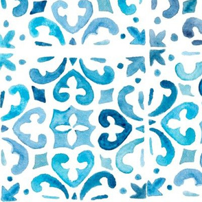 Painted Watercolor Moroccan Tile  – Blue, Large