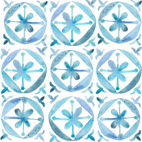 Watercolor Moroccan Flower Tile  – Blue, Large