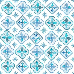 Painted Watercolor Moroccan Tile Pattern - Blue and Teal (#14), Small