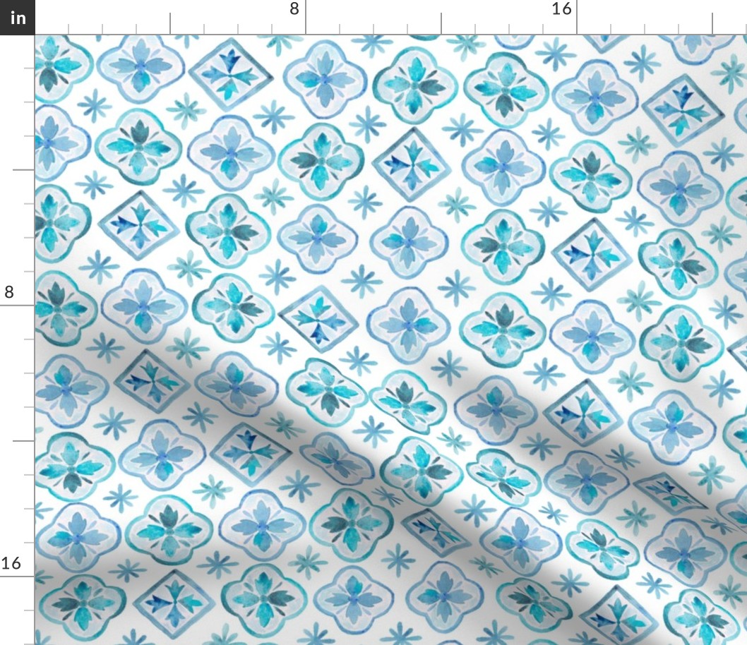 Painted Watercolor Moroccan Tile Pattern - Blue and Teal (#14), Small