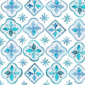 Painted Watercolor Moroccan Tile Pattern - Blue and Teal (#14), Large