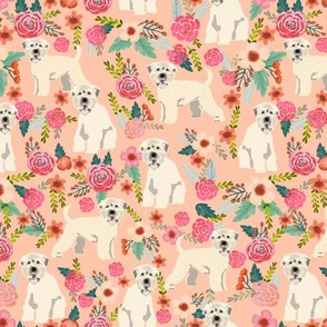 irish wheaten dog floral fabric - irish wheaten terrier fabric, soft coated wheaten terrier, dog florals, floral fabric, dog design - peach