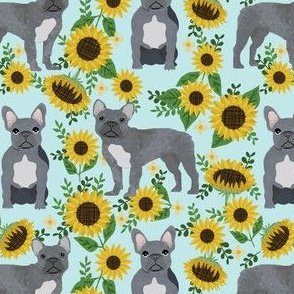 french bulldog sunflower fabric - frenchie fabric, grey french bulldog, grey frenchie fabric, sunflower fabric, cute dog fabric -  seafoam