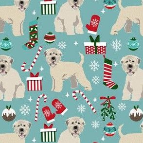 irish wheaten christmas dog fabric - dog fabric, christmas dog fabric, wheaten terrier dog fabric, cute dog -  blue