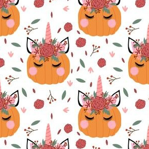 Unicorn pumpkin - cute fall fabric, unicorn fabric, unicorn pumpkin, autumn leaves fabric - white