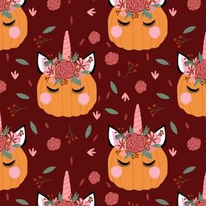 Unicorn pumpkin - cute fall fabric, unicorn fabric, unicorn pumpkin, autumn leaves fabric - burgundy
