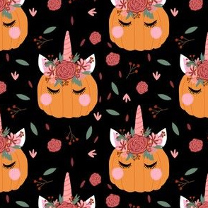 Unicorn pumpkin - cute fall fabric, unicorn fabric, unicorn pumpkin, autumn leaves fabric - black