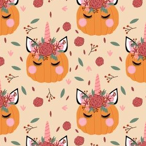 Unicorn pumpkin - cute fall fabric, unicorn fabric, unicorn pumpkin, autumn leaves fabric - cream