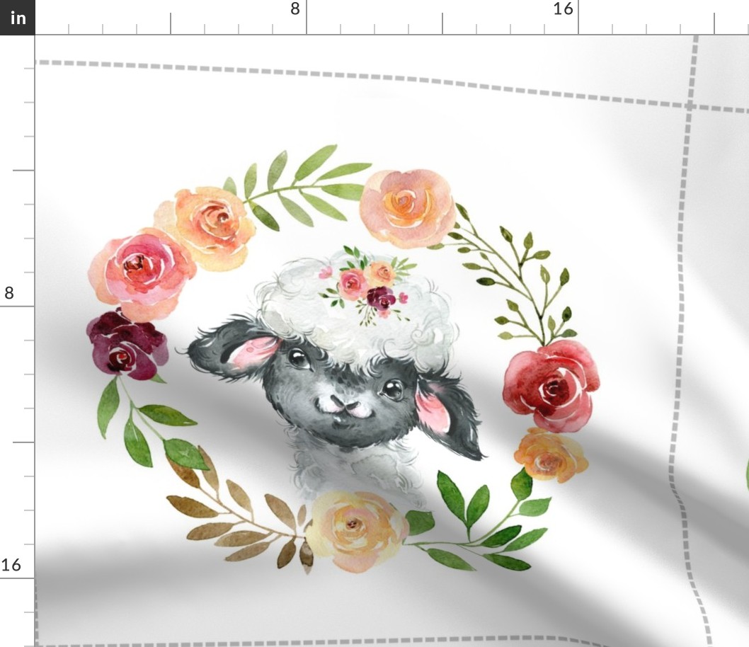 18” Country Floral Sheep Pillow Front with dotted cutting lines // Farmington collection