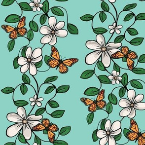 Flowers & Flutters / Vines & Butterflies   -Vintage Turquoise  