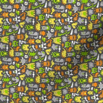 Monsters Orange Yellow Green on Black Tiny Small Rotated