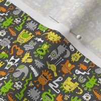 Monsters Orange Yellow Green on Black Tiny Small Rotated