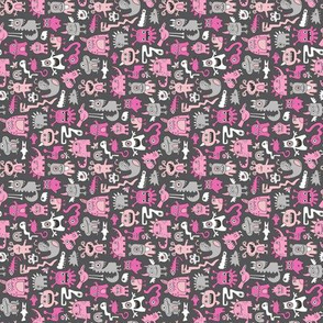 Monsters in Pink on Dark Grey Tiny Small Rotated