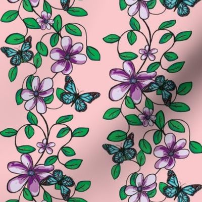Flowers & Flutters / Vines & Butterflies   -on Pink  