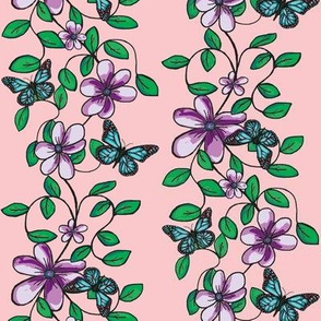 Flowers & Flutters / Vines & Butterflies   -on Pink  