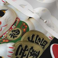 2 white calico cats lucky Maneki neko japanese chinese lucky charm talisman good luck beckoning cat fortune success feng shui red culture waving kawaii  paw adorable orange black patches spots red cherry blossoms sakura flowers floral bib green collar bla