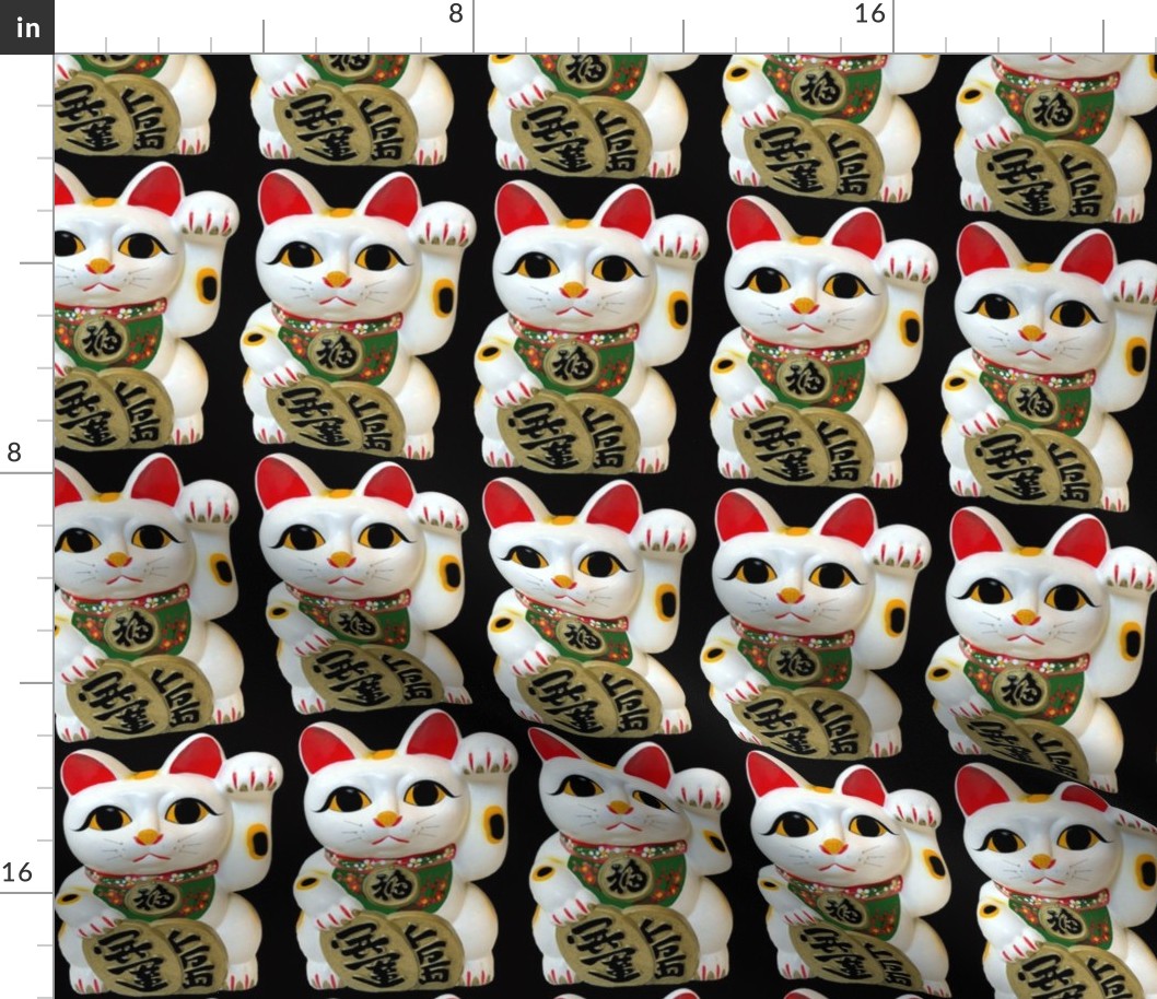 2 white calico cats lucky Maneki neko japanese chinese lucky charm talisman good luck beckoning cat fortune success feng shui red culture waving kawaii  paw adorable orange black patches spots red cherry blossoms sakura flowers floral bib green collar bla