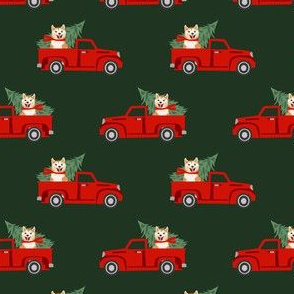 akita christmas truck holiday fabric - dog christmas fabric, christmas dog, cute dog, akita dog fabric - green