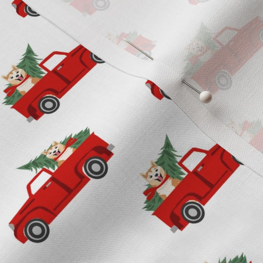 akita christmas truck holiday fabric - dog christmas fabric, christmas dog, cute dog, akita dog fabric - white