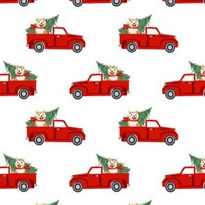 akita christmas truck holiday fabric - dog christmas fabric, christmas dog, cute dog, akita dog fabric - white