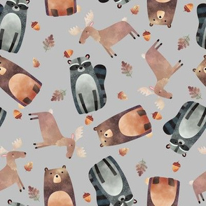 Woodland Critters Tossed - Bear Raccoon + Moose (gray)