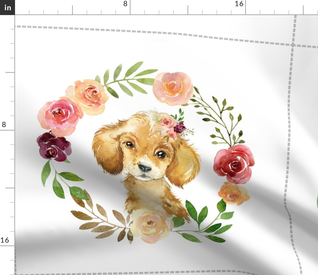 18” Country Floral Puppy Pillow Front with dotted cutting lines // Farmington collection