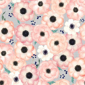 Large Floral (half scale) Watercolor Blush, Pink & Peach Anemone Blossoms (grey linen)
