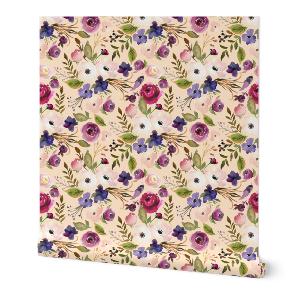 Floral - Plum Purple & Blush Flowers (apricot) Garden Blooms Baby Girl Nursery