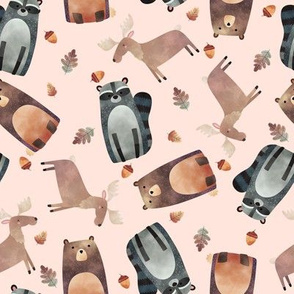 Woodland Critters Tossed - Bear Raccoon + Moose (baby pink)