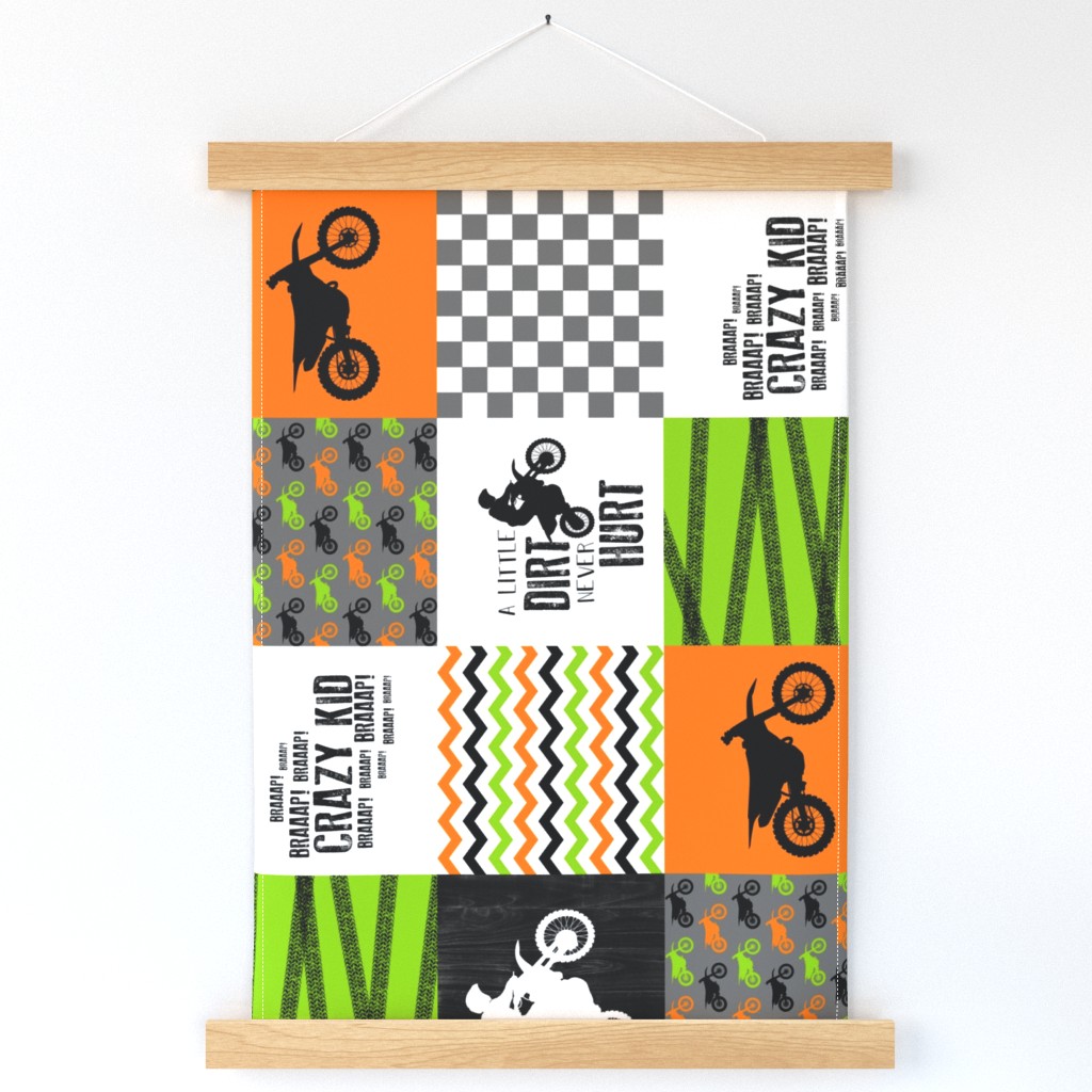 Motocross//Crazy Kid//A little Dirt Never Hurt//Lime&Orange - Wholecloth Cheater Quilt - Rotated