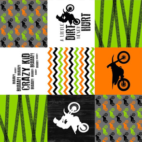Motocross//Crazy Kid//A little Dirt Never Hurt//Lime&Orange - Wholecloth Cheater Quilt - Rotated