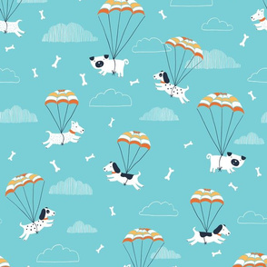 Parachuting dogs in blue