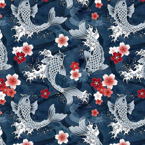 Japanese Fish Kimono Traditional Koi Embroidery Spoonflower Fabric by the Yard 
