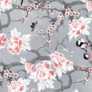 Chinoiserie birds in grey rotated