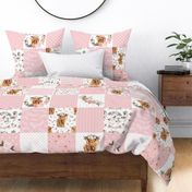 9" pink spring floral highland cow cheater quilt