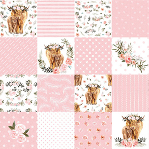 9" pink spring floral highland cow cheater quilt