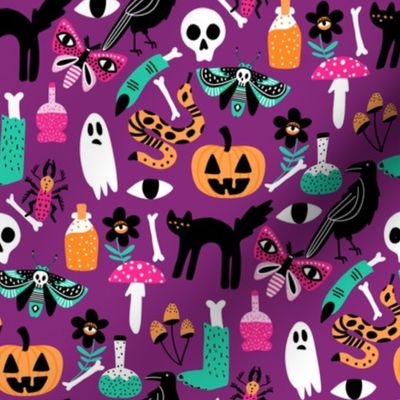 cute halloween fabric - creepy cute fabric, moth, potions, cute halloween design - purple