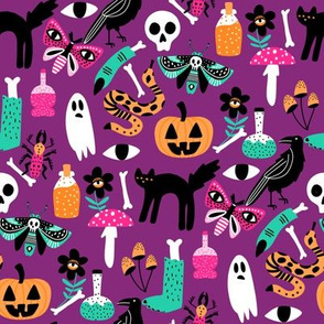 cute halloween fabric - creepy cute fabric, moth, potions, cute halloween design - purple